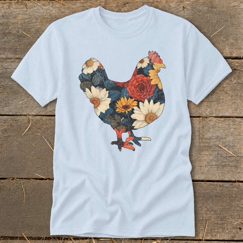 Light blue t-shirt with a chicken silhouette filled with colorful flowers.