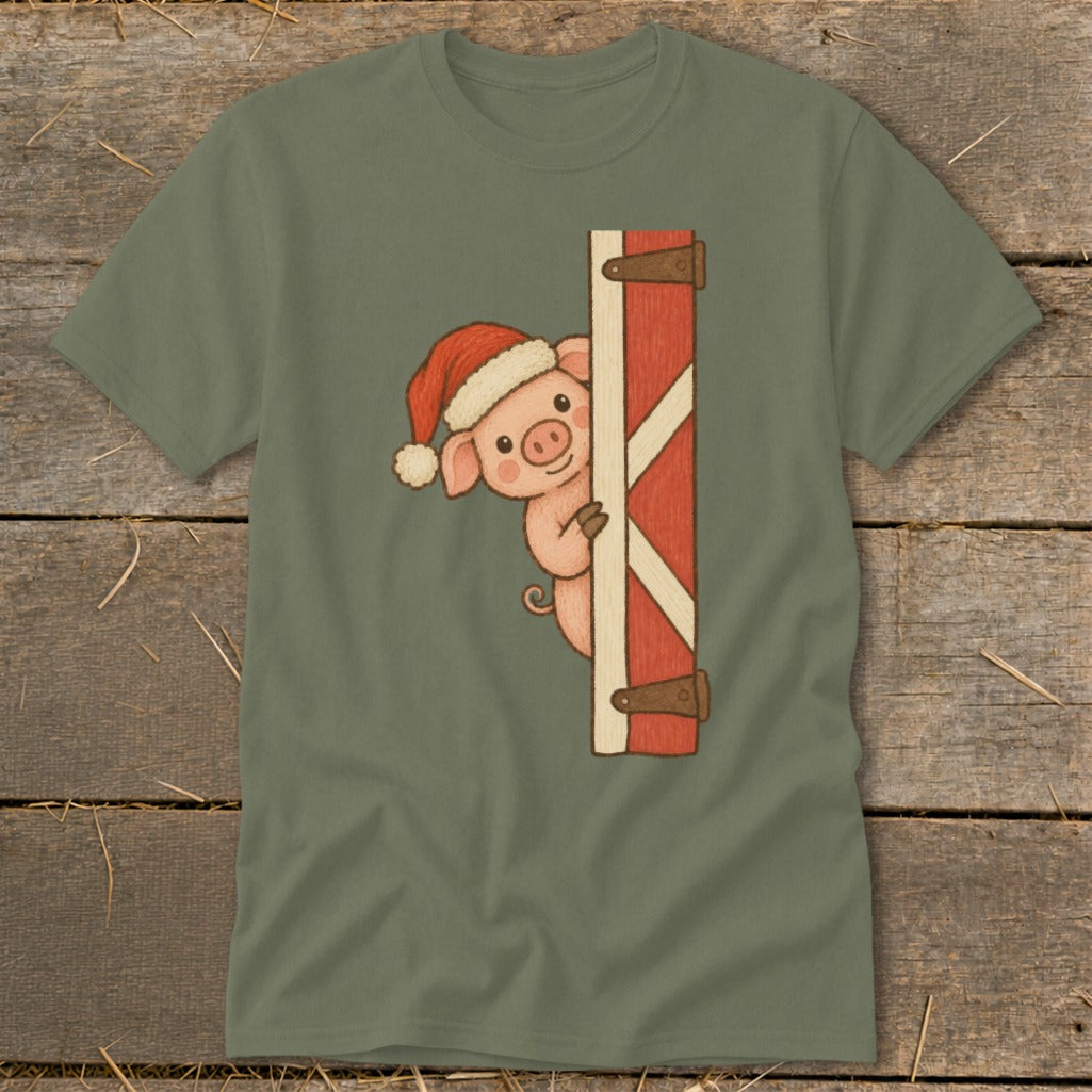 Illustration of a pig wearing a Santa hat peeking around a red barn door.