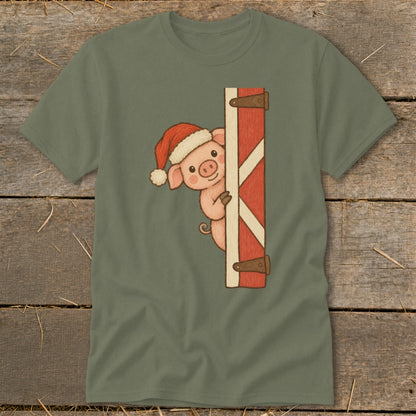 Illustration of a pig wearing a Santa hat peeking around a red barn door.