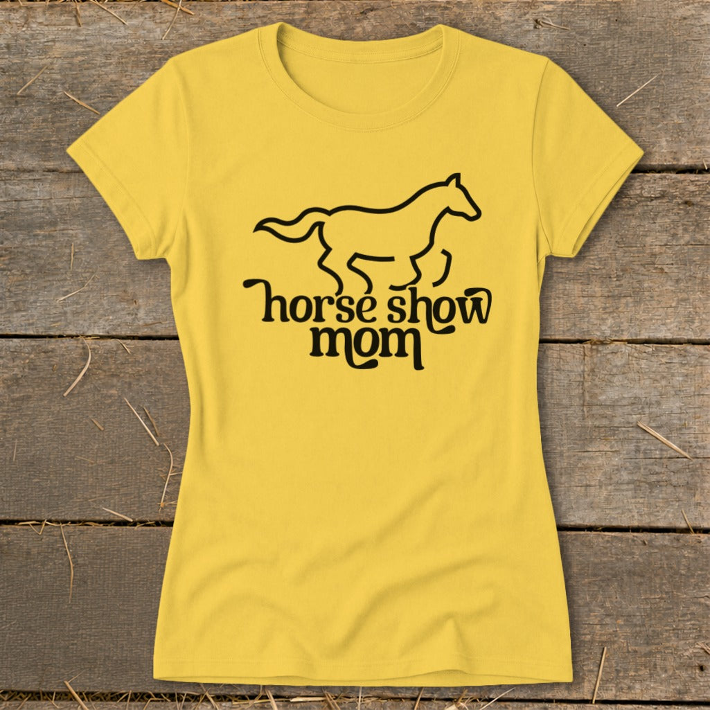 Yellow t-shirt with black graphic of a horse and text "horse show mom".