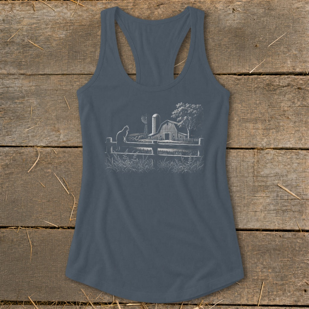 Dark grey tank top with a sketch of a barn, windmill, tree, fence, and cat.