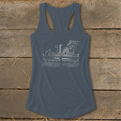 Dark grey tank top with a sketch of a barn, windmill, tree, fence, and cat.