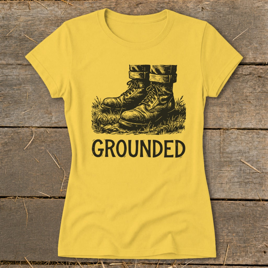 Yellow t-shirt with black graphic of boots in grass and the word "GROUNDED".