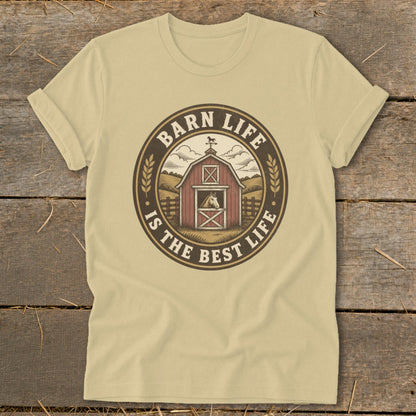 T-shirt graphic with barn, horse, and text "Barn Life Is The Best Life".