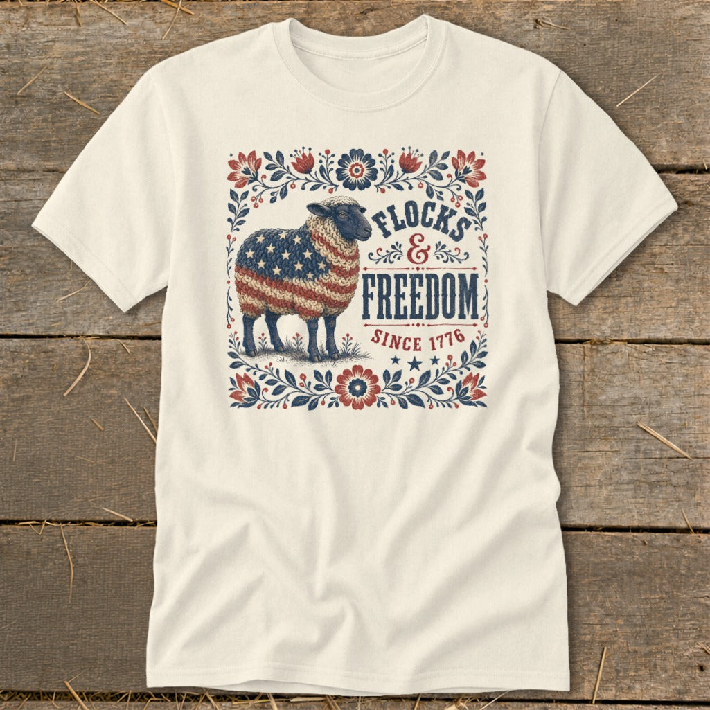 Sheep with American flag pattern and text "Flocks & Freedom Since 1776".