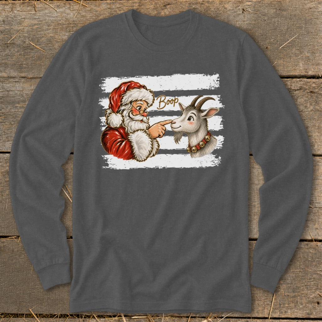 Santa booping a goat with the word "Boop" above them.