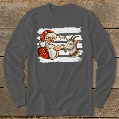 Santa booping a goat with the word "Boop" above them.