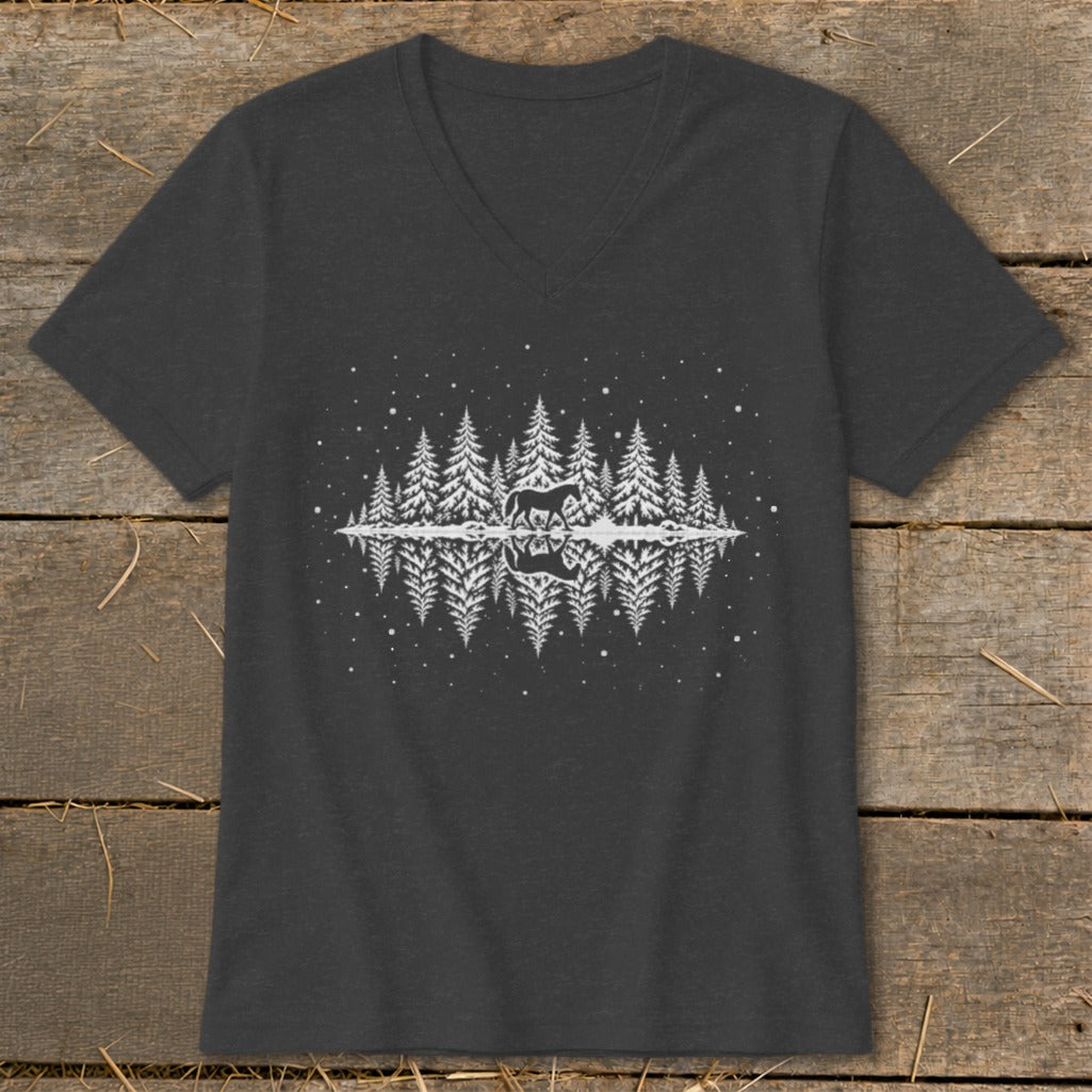 Dark grey t-shirt with a graphic of a horse and trees reflected in water.