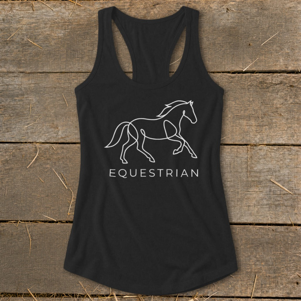 Black tank top with white outline of a running horse and "EQUESTRIAN" text.