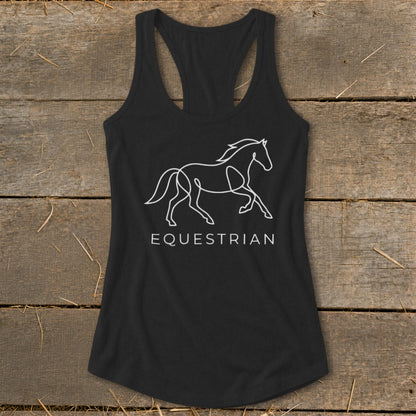 Black tank top with white outline of a running horse and "EQUESTRIAN" text.