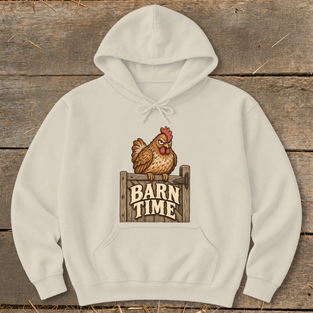 Cream hoodie with chicken graphic and text "Barn Time".