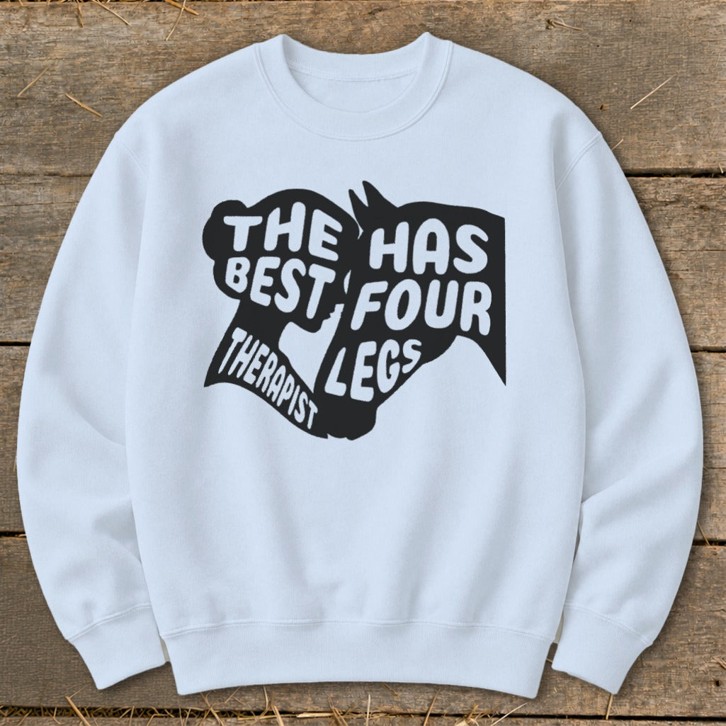 White sweatshirt with black text and horse silhouette reading "The best therapist has four legs".