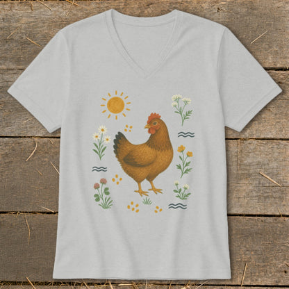 Light grey v-neck t-shirt with a graphic of a brown chicken surrounded by flowers, sun, and waves.