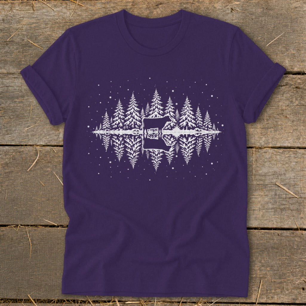 Purple t-shirt with white graphic of pine trees reflected in water with a guitar shape.