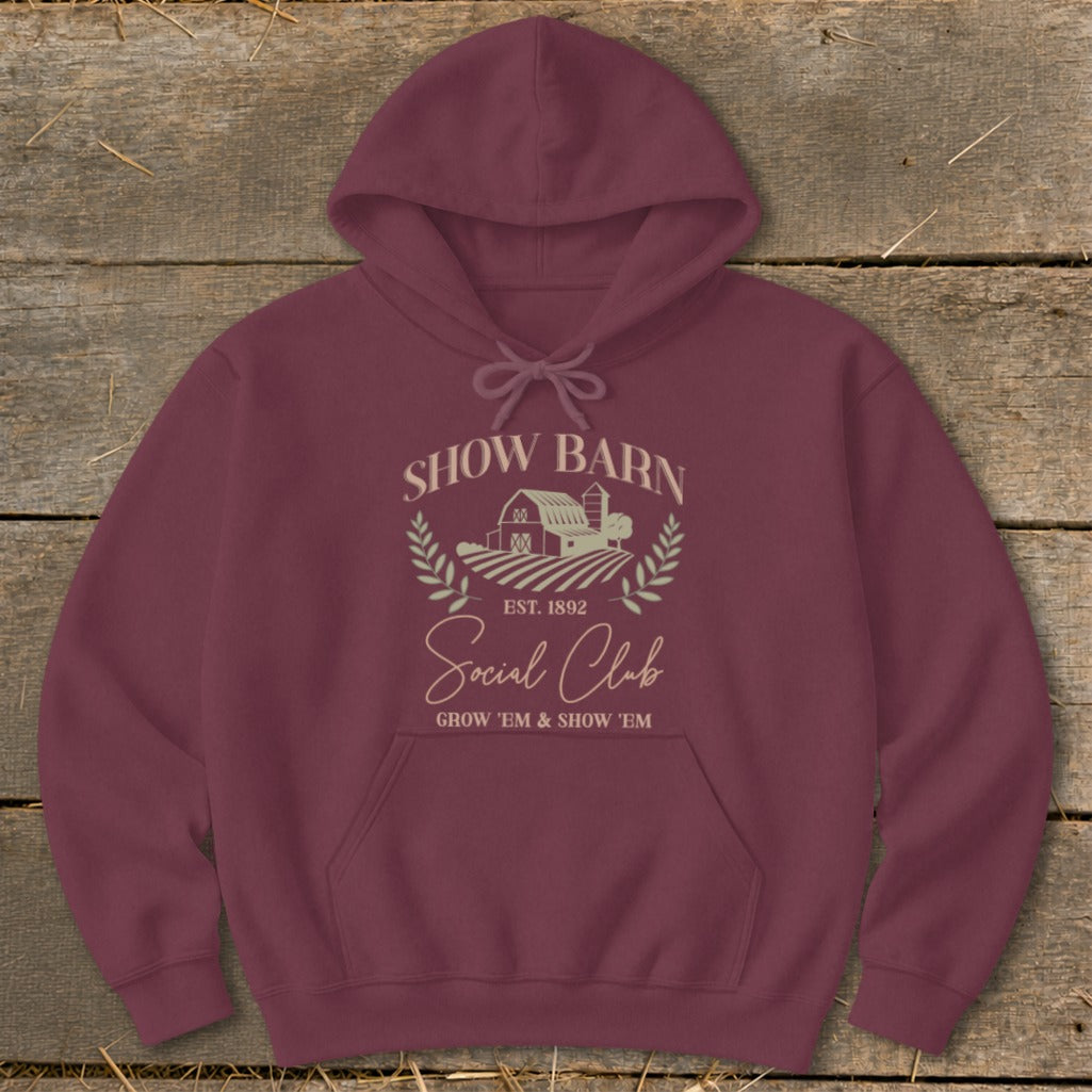 Burgundy hoodie with "Show Barn Social Club Est. 1892" graphic.