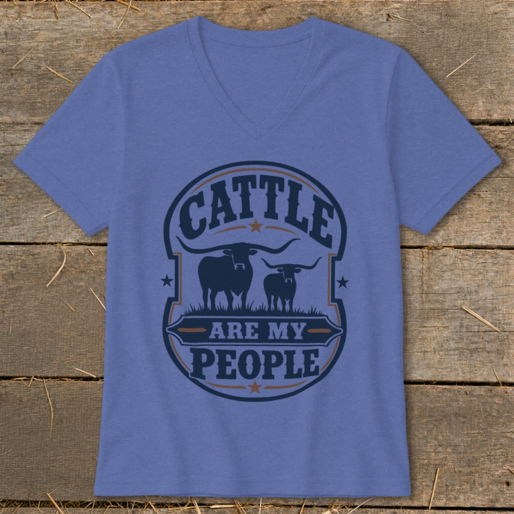 Blue t-shirt with a graphic of two cattle and text "CATTLE ARE MY PEOPLE".