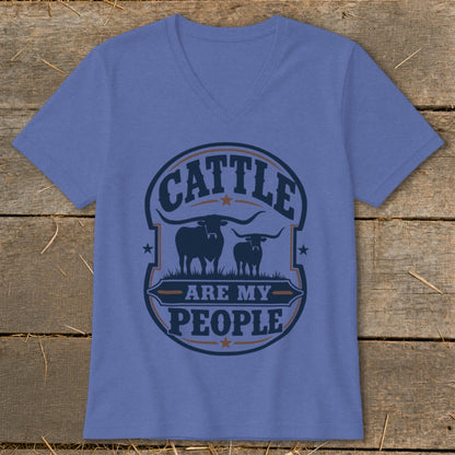 Blue t-shirt with a graphic of two cattle and text "CATTLE ARE MY PEOPLE".