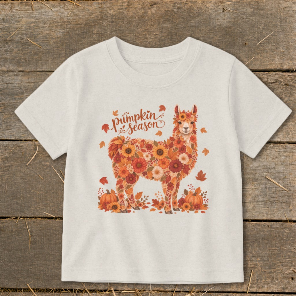 Cream t-shirt with a llama made of autumn flowers and "pumpkin season" text.