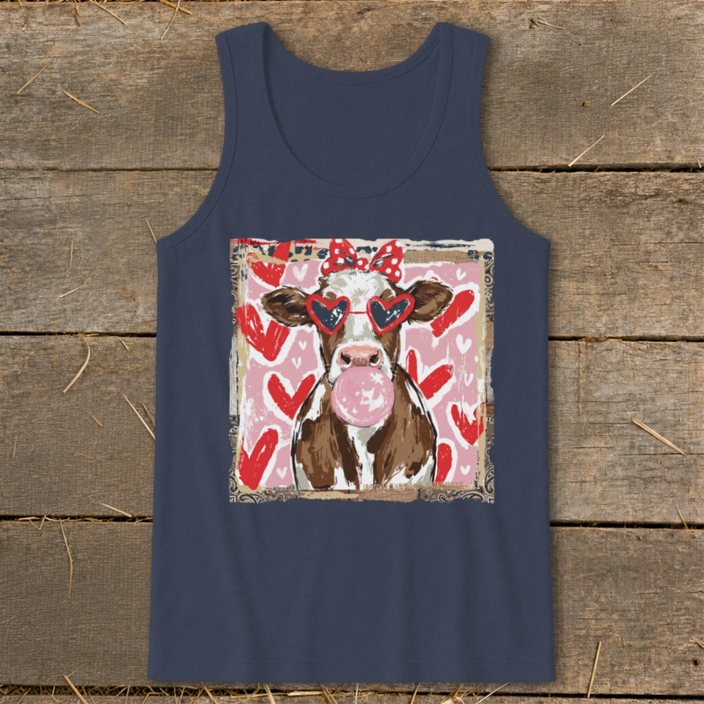 Cow wearing heart sunglasses and a bow, blowing pink bubblegum, with red hearts.