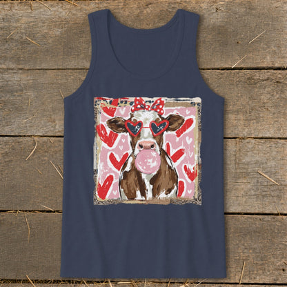 Cow wearing heart sunglasses and a bow, blowing pink bubblegum, with red hearts.