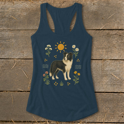 Navy racerback tank top with a Border Collie and floral illustration.