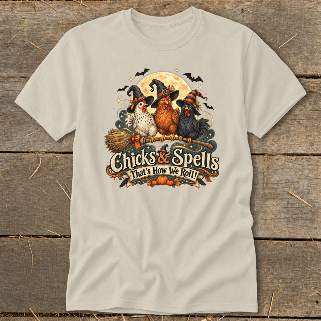 Three chickens in witch hats on a broom with text "Chicks & Spells That's How We Roll!"