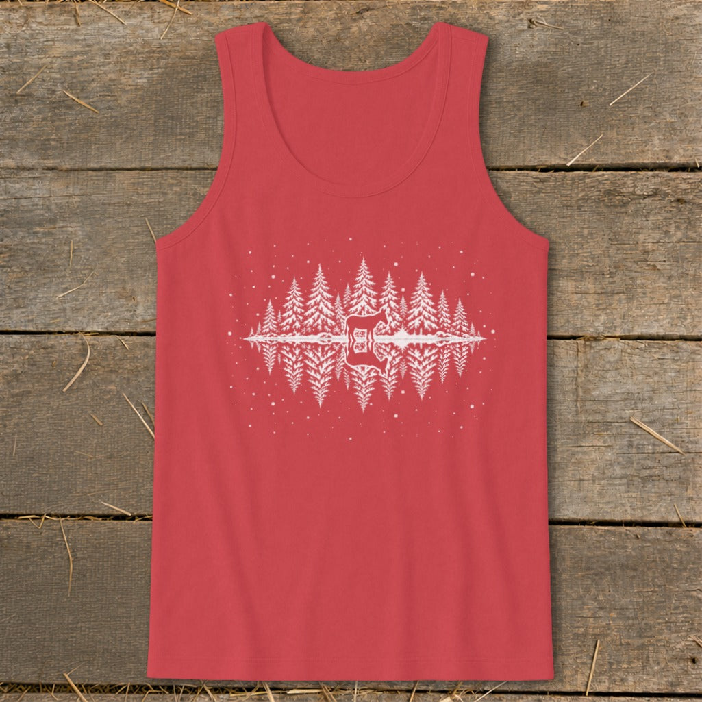 Red tank top with white graphic of mirrored pine trees and a central emblem.