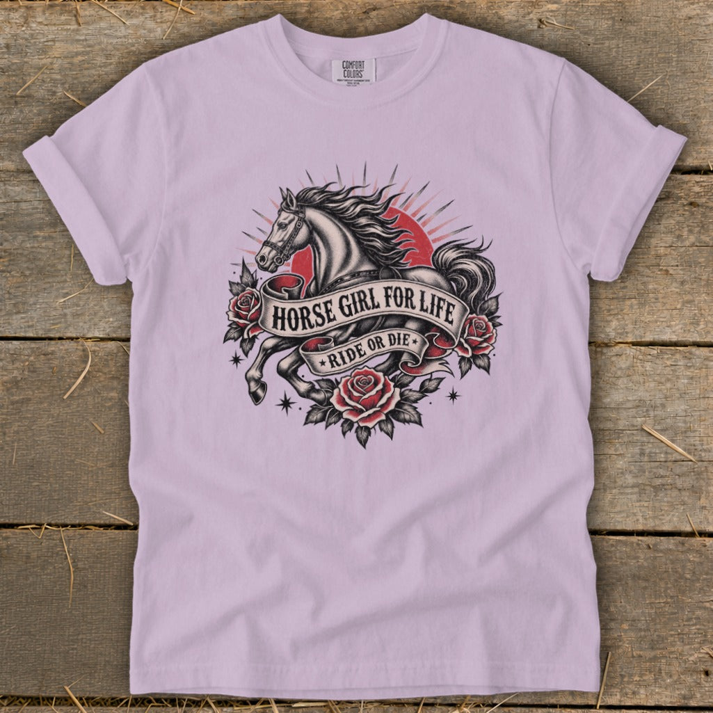 Lilac t-shirt with horse, roses, and text: HORSE GIRL FOR LIFE, RIDE OR DIE.