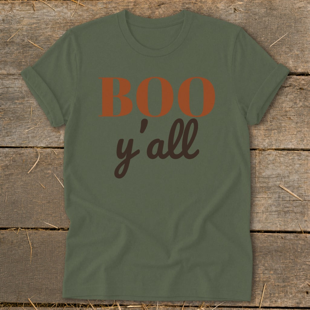 Green t-shirt with orange "BOO" and brown "y'all" text.