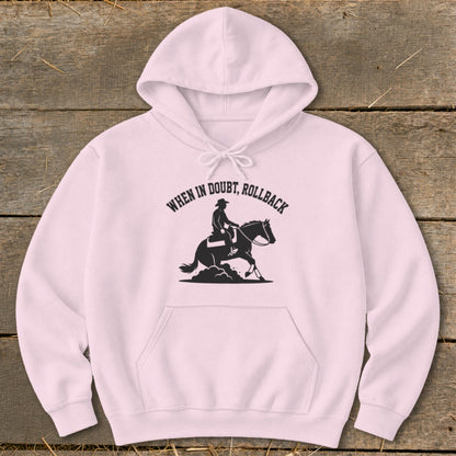 Light pink hoodie with "WHEN IN DOUBT, ROLLBACK" and horse rider graphic.
