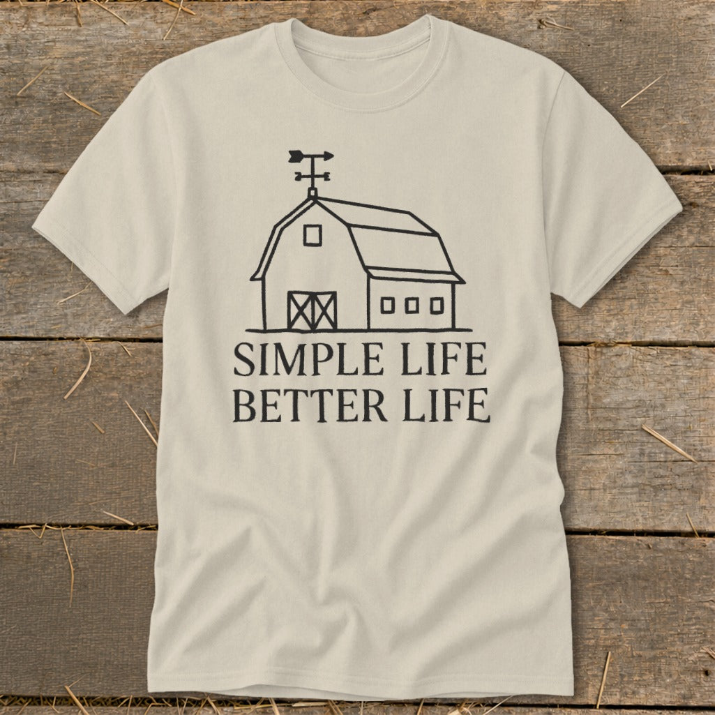 T-shirt with black barn graphic and "Simple Life Better Life" text.