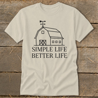 T-shirt with black barn graphic and "Simple Life Better Life" text.
