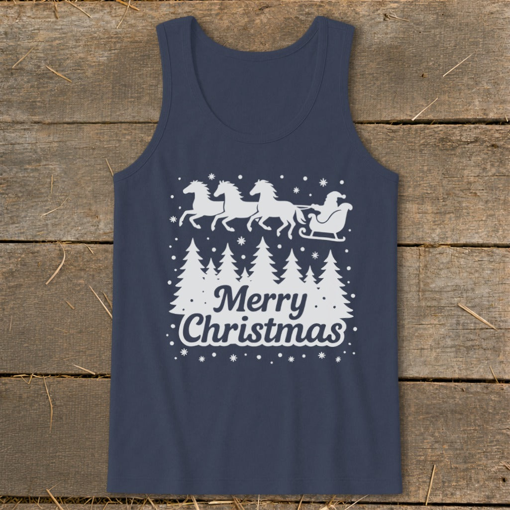 Navy tank top with white Christmas scene featuring horses pulling Santa's sleigh and "Merry Christmas" text.