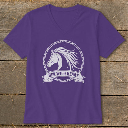 Purple t-shirt with a distressed white horse head graphic and "Her Wild Heart" text.