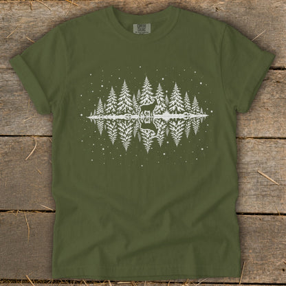 Olive green t-shirt with white reflection of deer and trees graphic.