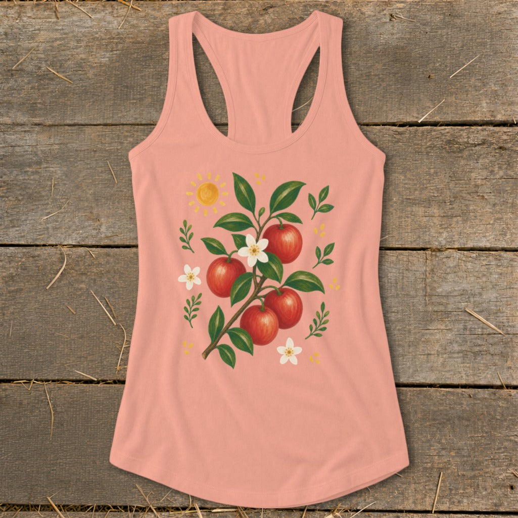 Peach tank top with painted apple branch, flowers, and sun graphic.
