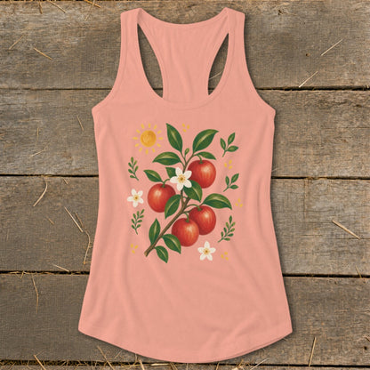 Peach tank top with painted apple branch, flowers, and sun graphic.