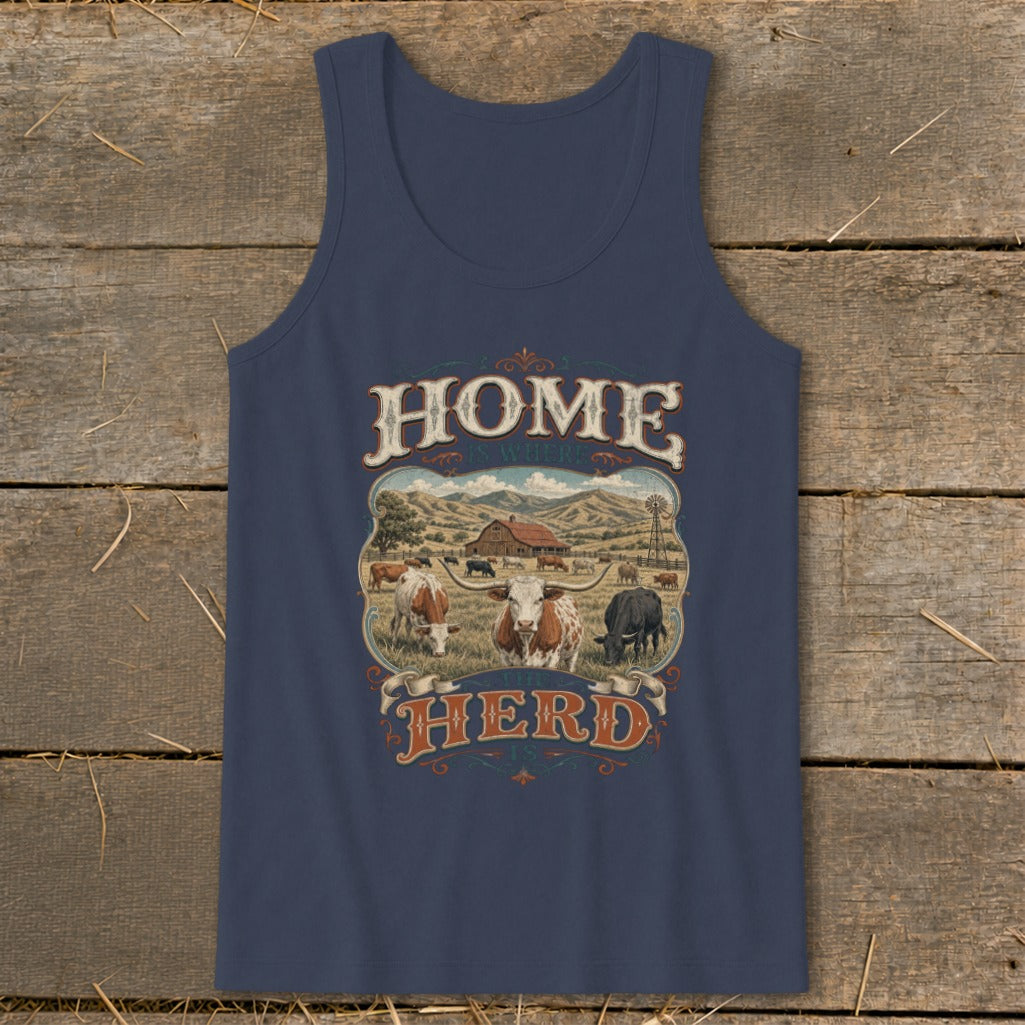 Navy tank top with "HOME IS WHERE THE HERD IS" text and a farm scene.