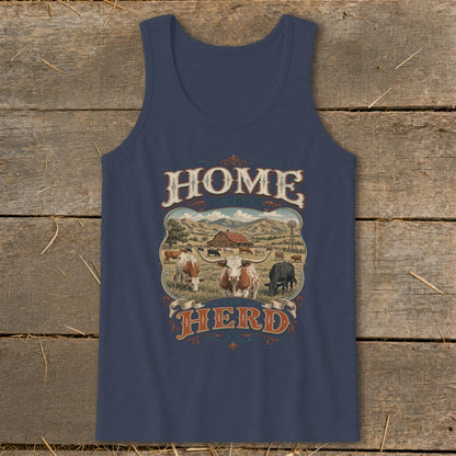 Navy tank top with "HOME IS WHERE THE HERD IS" text and a farm scene.