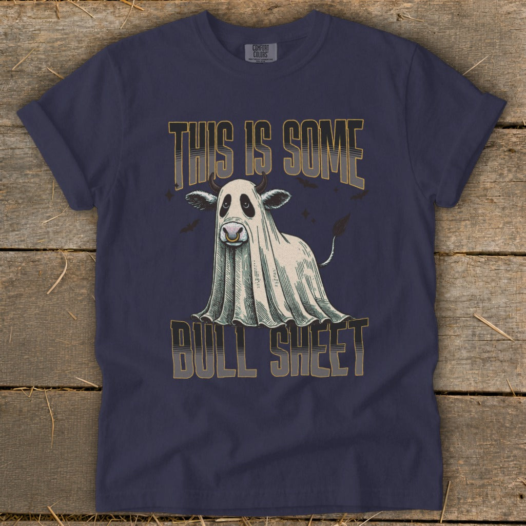 Navy t-shirt with ghost cow graphic and "This is Some Bull Sheet" text.