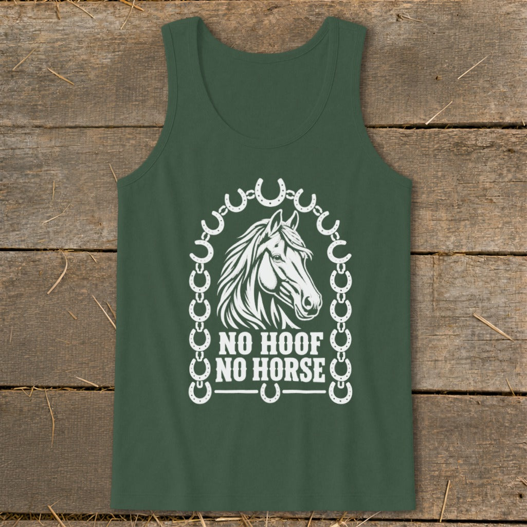 Green tank top with white horse head design and "NO HOOF NO HORSE" text.