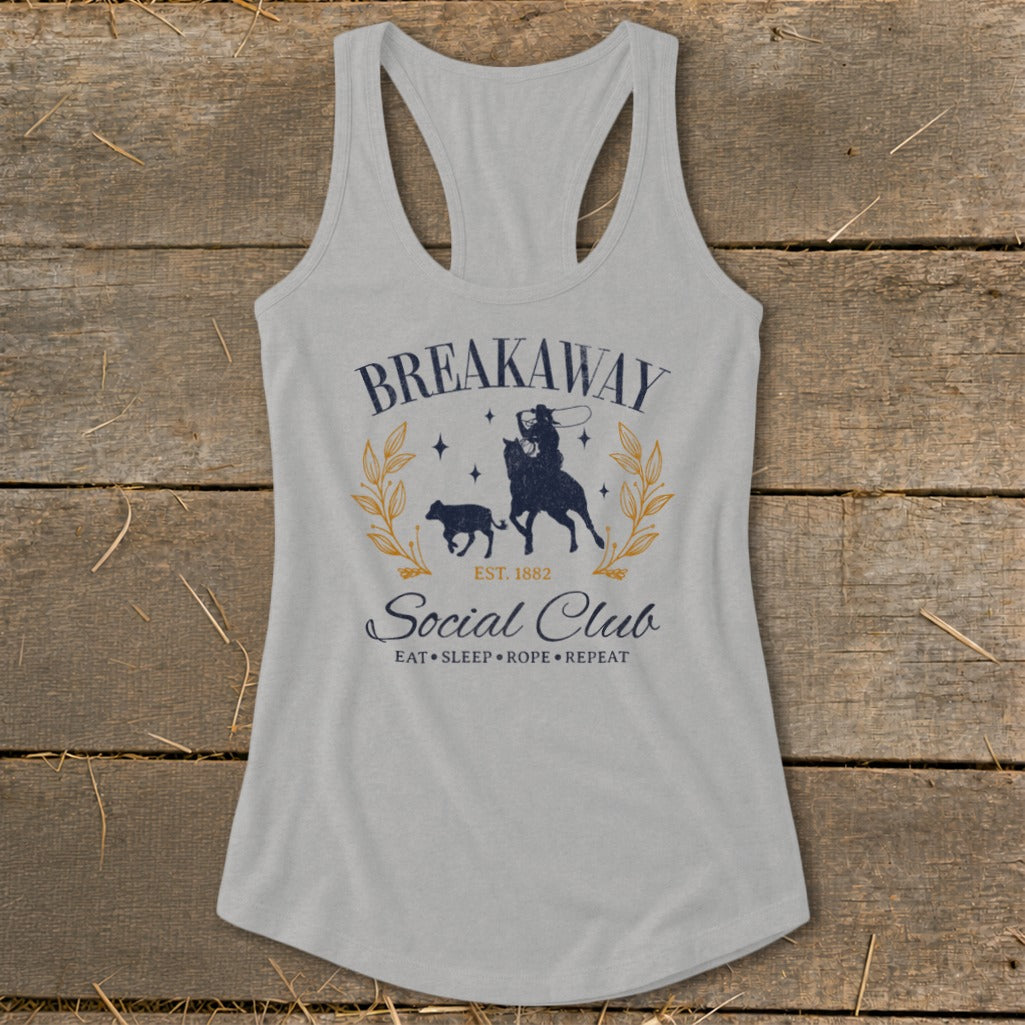 Light grey tank top with "Breakaway Social Club" and rodeo graphic.
