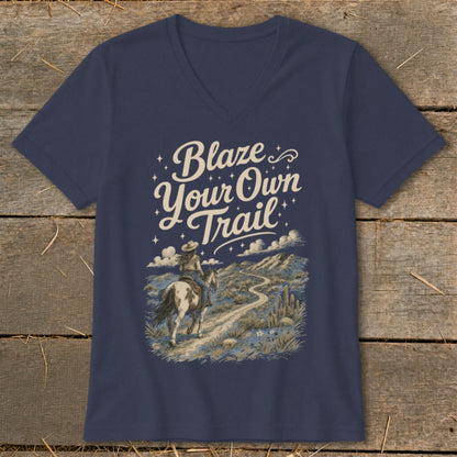 Navy v-neck t-shirt with "Blaze Your Own Trail" text and a woman on horseback.