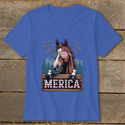 Horse wearing American flag sunglasses, with "MERICA" text below.
