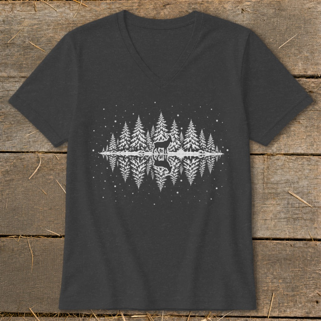 Dark grey t-shirt with a white graphic of a deer in a forest reflected in water.