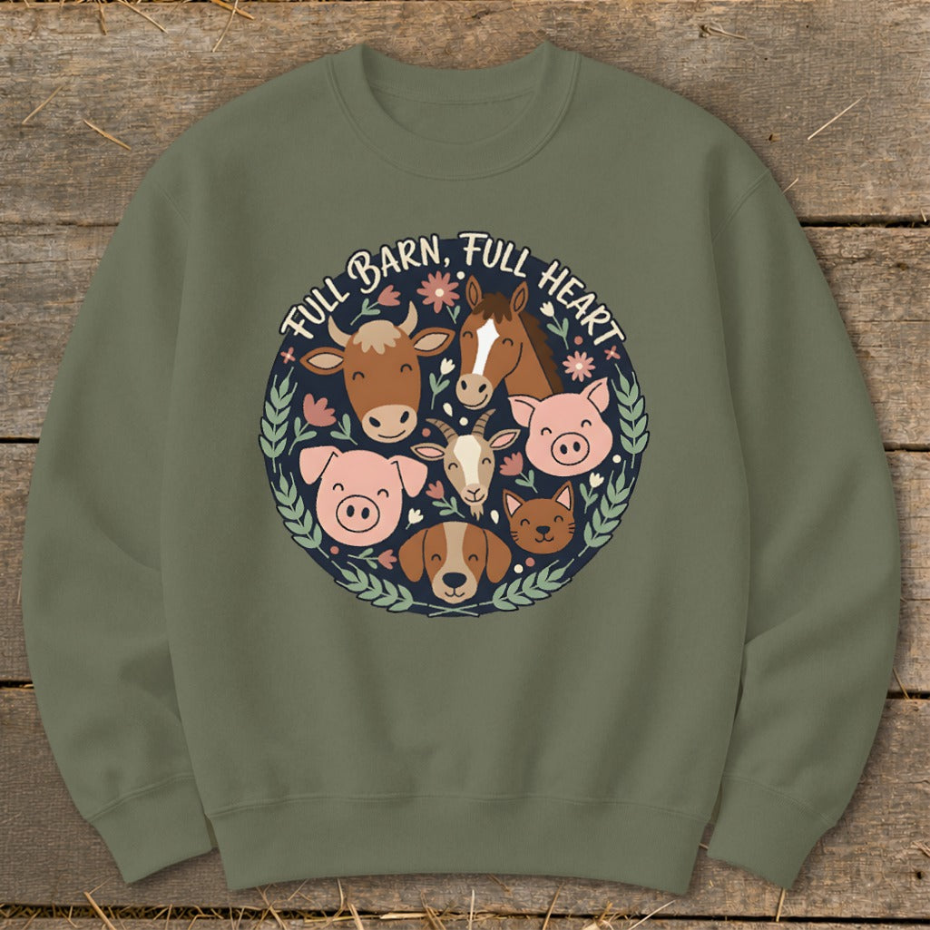 Green sweatshirt with circle design of farm animals and text "FULL BARN, FULL HEART".