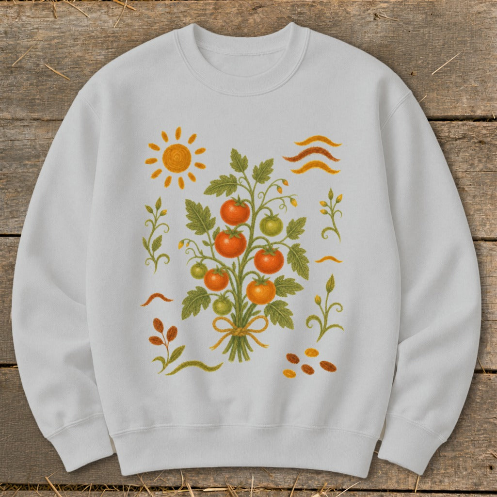 White sweatshirt with a tomato plant illustration, sun, and decorative elements.