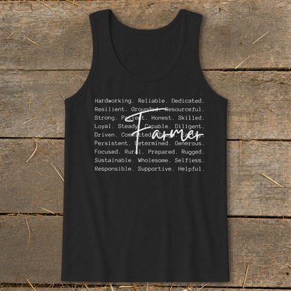Black tank top with white text listing farmer attributes, including the word "Farmer".