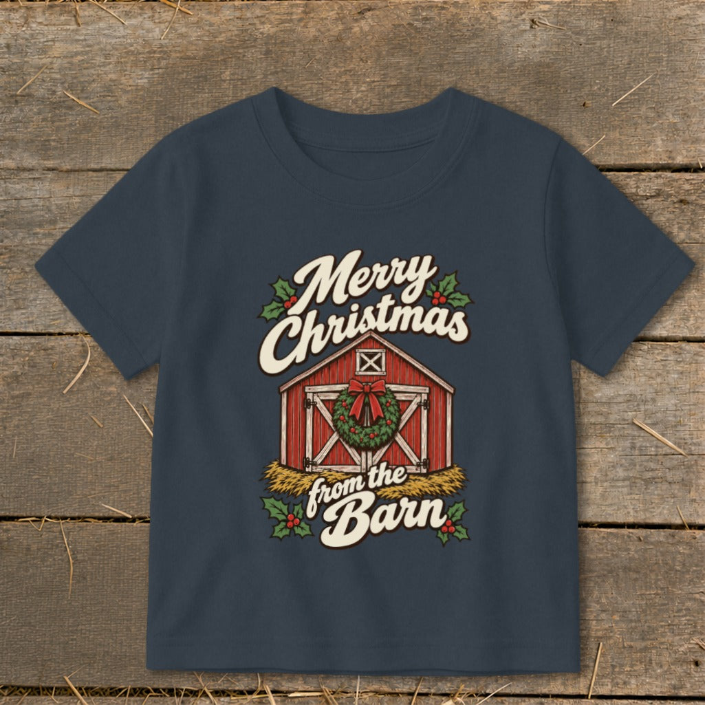 Navy t-shirt with "Merry Christmas from the Barn" text and barn graphic.