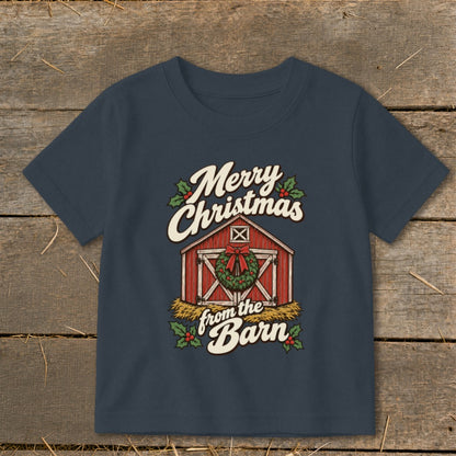 Navy t-shirt with "Merry Christmas from the Barn" text and barn graphic.